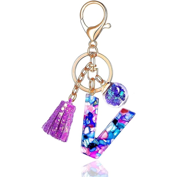 Llavero con letra A-z morada para mujer, bolso, bolso, colgante con letra inicial del alfabeto de resina con bola de cristal con borla