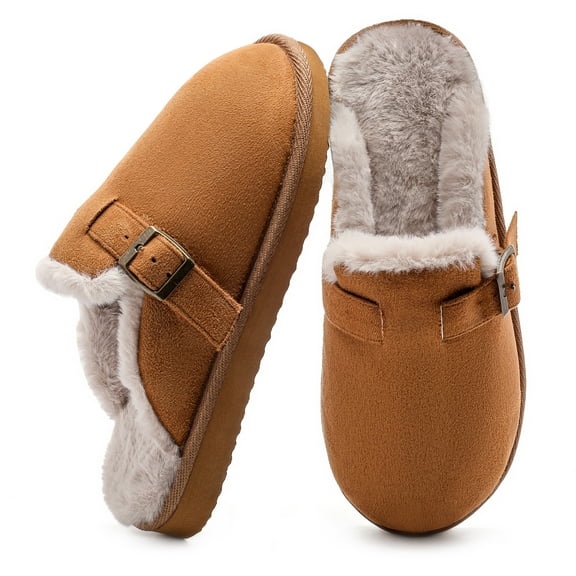 VANSARTO Women's Fuzzy Suede Slippers Faux Fur Memory Foam Scuff Slippers Warm Winter Slip-On House Shoes with Adjustable Buckle Indoor and Outdoor, Chestnut, Size 7-8
