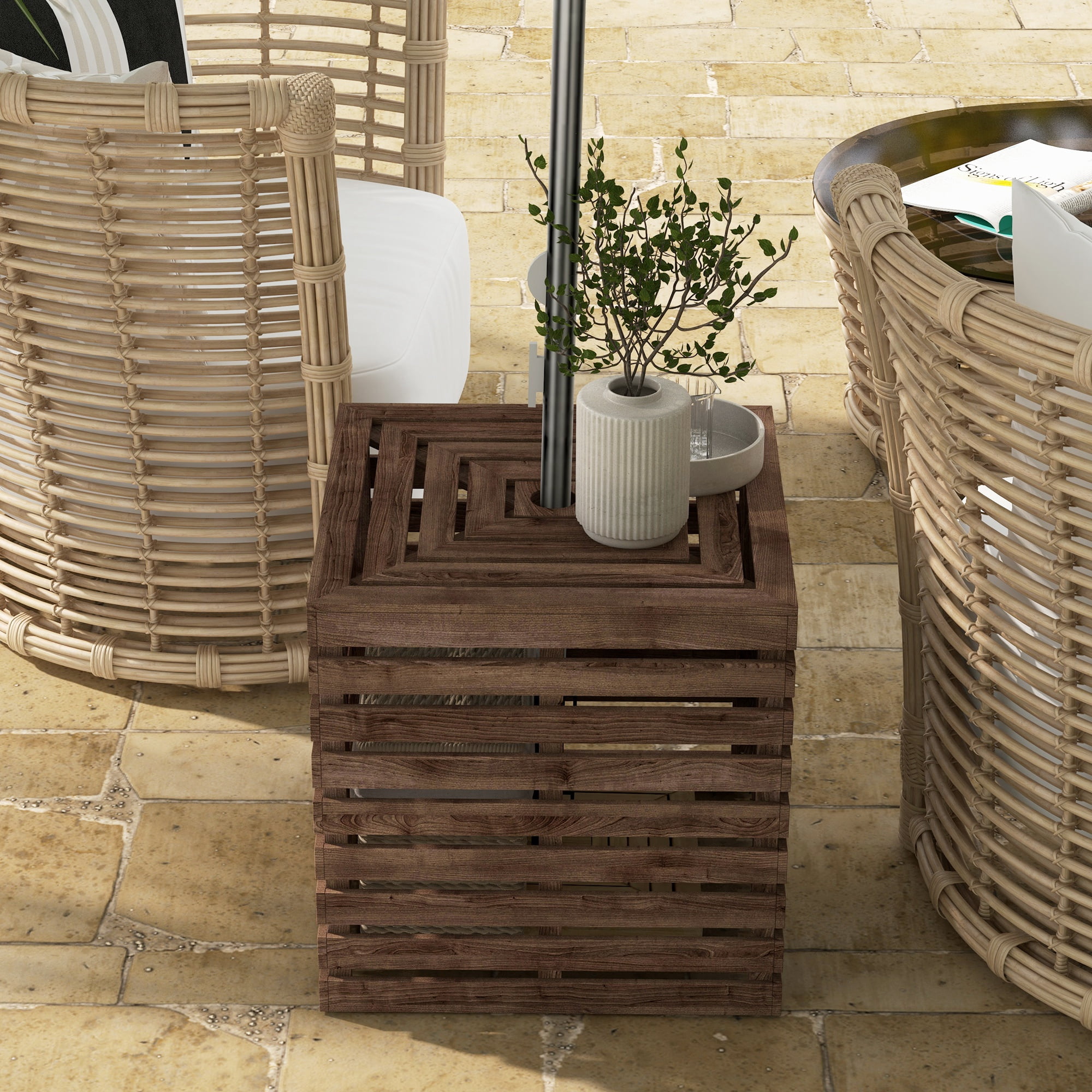 Outsunny 2-in-1 Outdoor Storage Box for Umbrella Base, Coffee End Table, Wooden Patio Umbrella Stand Table, Brown