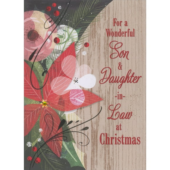 Designer Greetings Large 3D Die Cut Poinsettia, Gem and Woodgrain Background Hand Decorated Christmas Card for Son and Daughter-in-Law