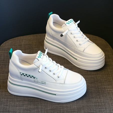

Women s platform shoes 7cm Thick sole height increase Cowhide Lace-up Non-slip Sneakers female White Casual shoes Suitable for all seasons