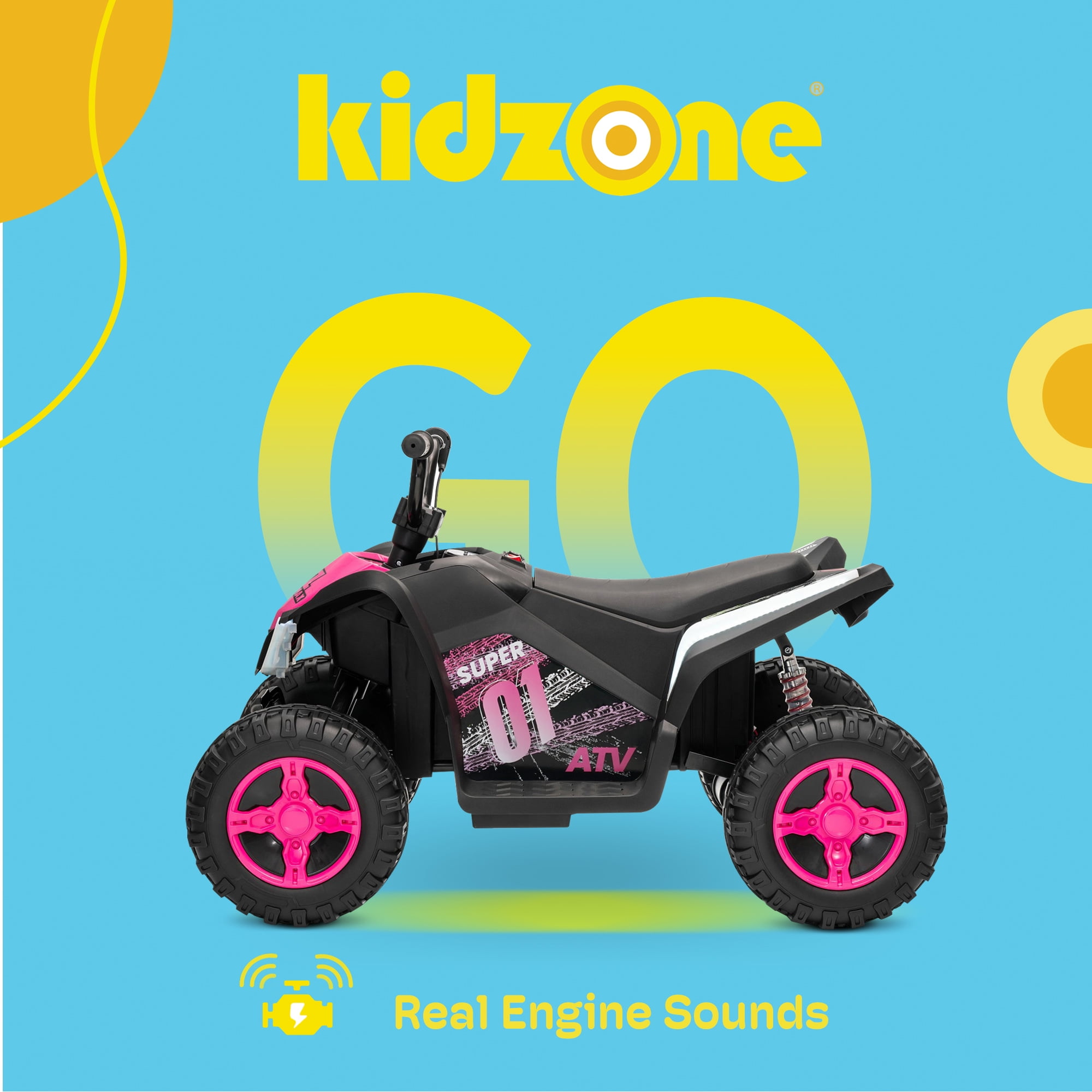 Kidzone 12V Ride On ATV for Kids, 4-Wheel Electric Toy with Bluetooth & USB Music, LED Lights, Rear Suspension, Forward/Reverse, 3.7 MPH Max Speed, 88 LBS Capacity, 37-96 Months -  Pink