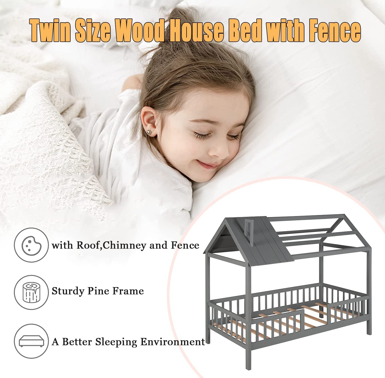 Bellemave Twin House Bed, Twin Size Wood Bed Frame with Roof and Fence, Montessori Beds Frame, No Box Spring Needed (Gray)