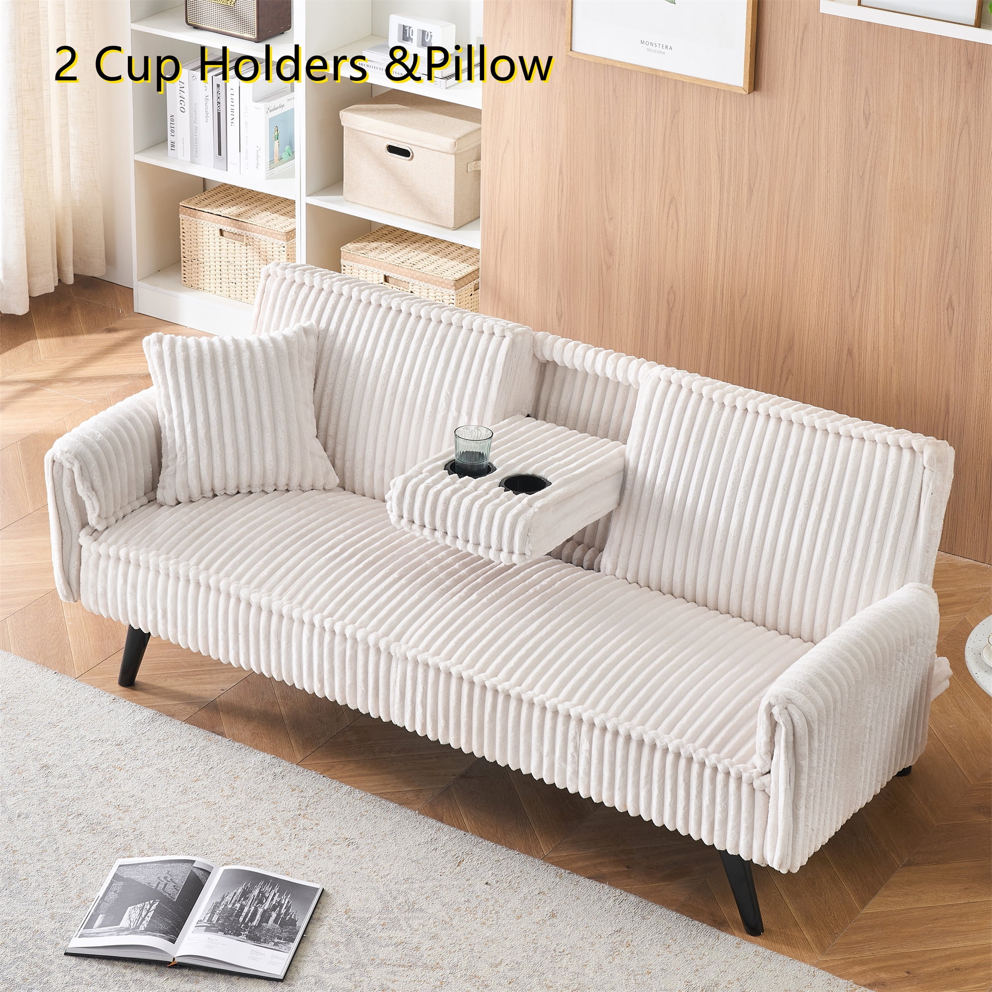 Aukfa Corduroy Futon Convertible Sofa Bed, 2 Cup Holders& Pillow, Straight-line Tufted, Beige