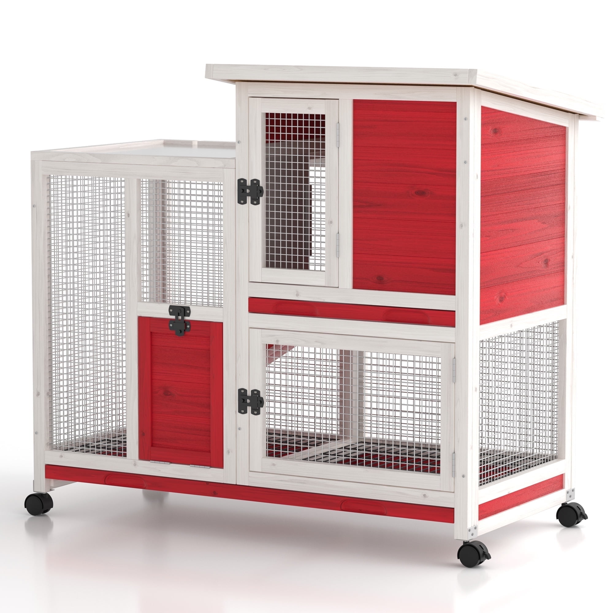 Phonjoroo Rabbit Hutch Indoor Bunny Cage Outdoor Wooden Guinea Pig House for Small Animals with Wheels, Ramp & Removable Tray