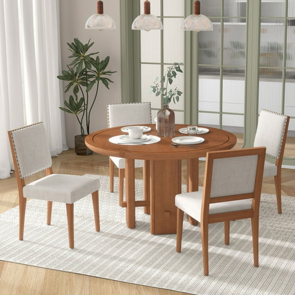 5-Piece Round Dining Table Set for 4 People, Minimalist Farmhouse Circle Dining Table with 4 Solid Wood Upholstered Chairs, Kitchen & Dining Room Furniture, Brown