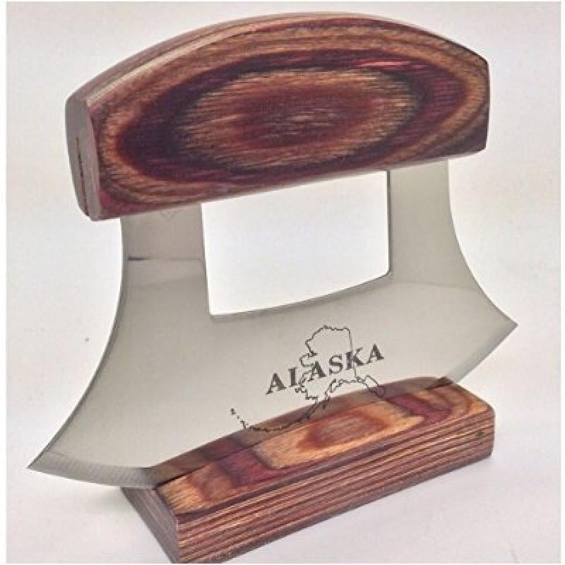 Alaska Ulu Knife Natural Exotic Wood Stand Etched Blade