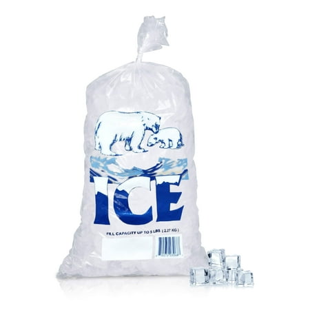 Pack of 1000 Plain Top Ice Bags with Twist Ties 5 lbs 9 x 18. Printed Bags Ice Bags with Write on Block 9x18. Thickness 1.5 mil. Industrial Grade Safe Plastic Ice Bags.