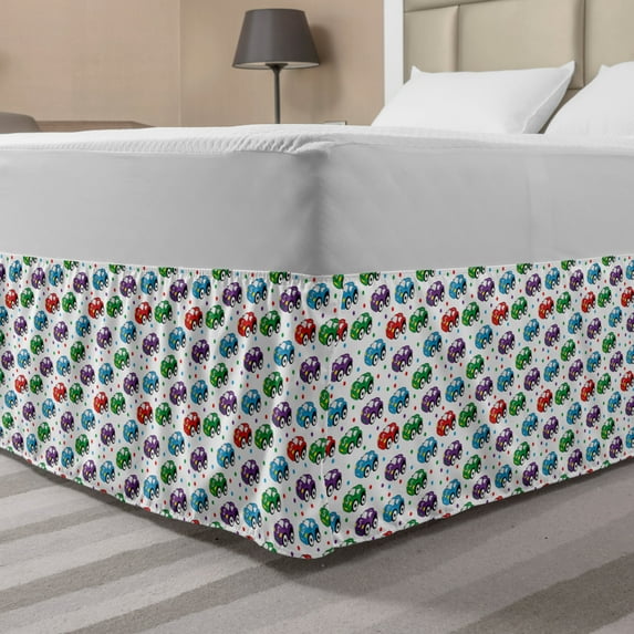 Cars Bed Skirt, Children Baby Boy Toy Pattern with Dots Number 5 Cars for Joyous Play Time, Elastic Bedskirt Dust Ruffle Wrap Around for Bedding Decor, 4 Sizes, Multicolor, by Ambesonne