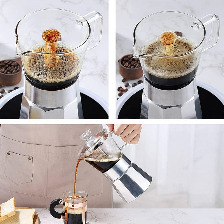 STAINLESS STEEL CRYSTAL GLASS MOKA POT STOVE TOP ESPRESSO MAKER 240ml 6 CUP  WITH CRYSTAL STEM