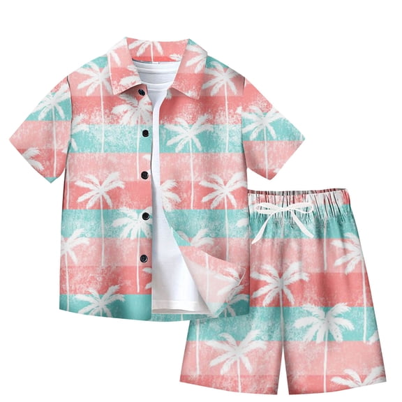 YUANxueke Boys & Girls Hawaii Printed Outfit Sets Short Sleeve Button Down Shirt & Shorts Sets 2-Piece Beach Clothes for 7-14 Years