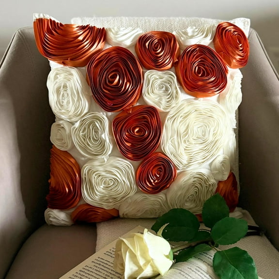 Throw Pillow Cover, Decorative Rust Pillow Cover For Sofa 16x16 inch (40x40 cm), Silk Throw Pillow Covers, Nature & Floral, Ribbon Embroidery, Modern Designer Throw - Vintage Lovers