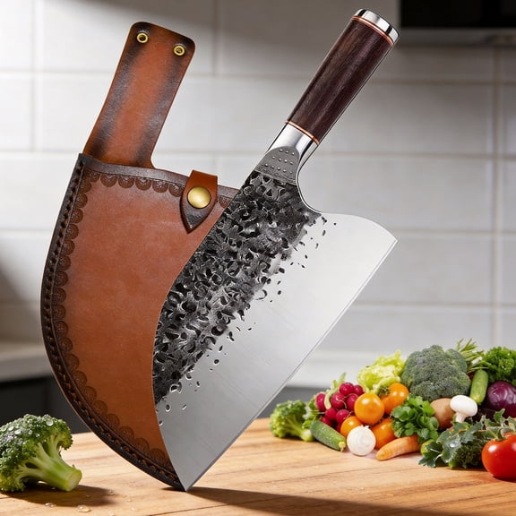 MYVIT Meat Cleaver Heavy Duty Stainless Steel Cleaver Knife for Chopping Cutting Vegetable Mincing Meat 8-inch Chefs Chopper Knife for Kitchen and Restaurant Camping,with Leather Blade Guard