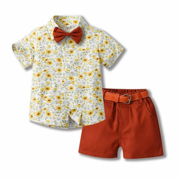 Edvintorg 6Months-6Years Boys Summer Sets Clothing Children Boys Short Sleeve Lapel Shirt Shorts Suit with Belt Tie Kids Clothes Boys