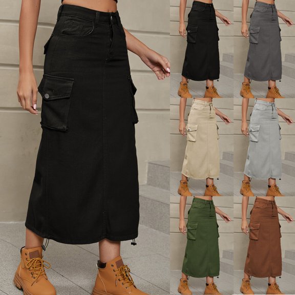 Women Cargo Skirt Midi Y2k Skirt Vintage Ruched Drawstring Long Denim Skirts Streetwear with Pockets