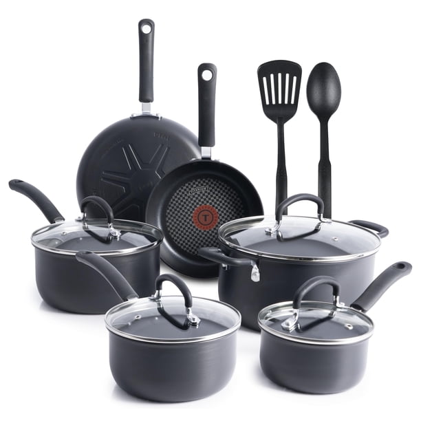 T-fal E918SC / E765SC Set de ollas, anodizado duro máximo, interior antiadherente duradero Expert, indicador de calor Thermo-Spot, 12 piezas, gris