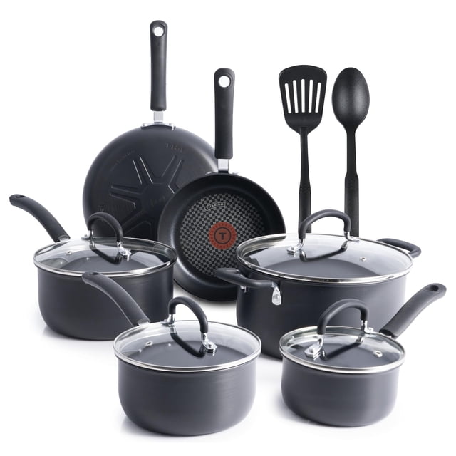 T-fal E918SC / E765SC Set de ollas, anodizado duro máximo, interior antiadherente duradero Expert, indicador de calor Thermo-Spot, 12 piezas, gris