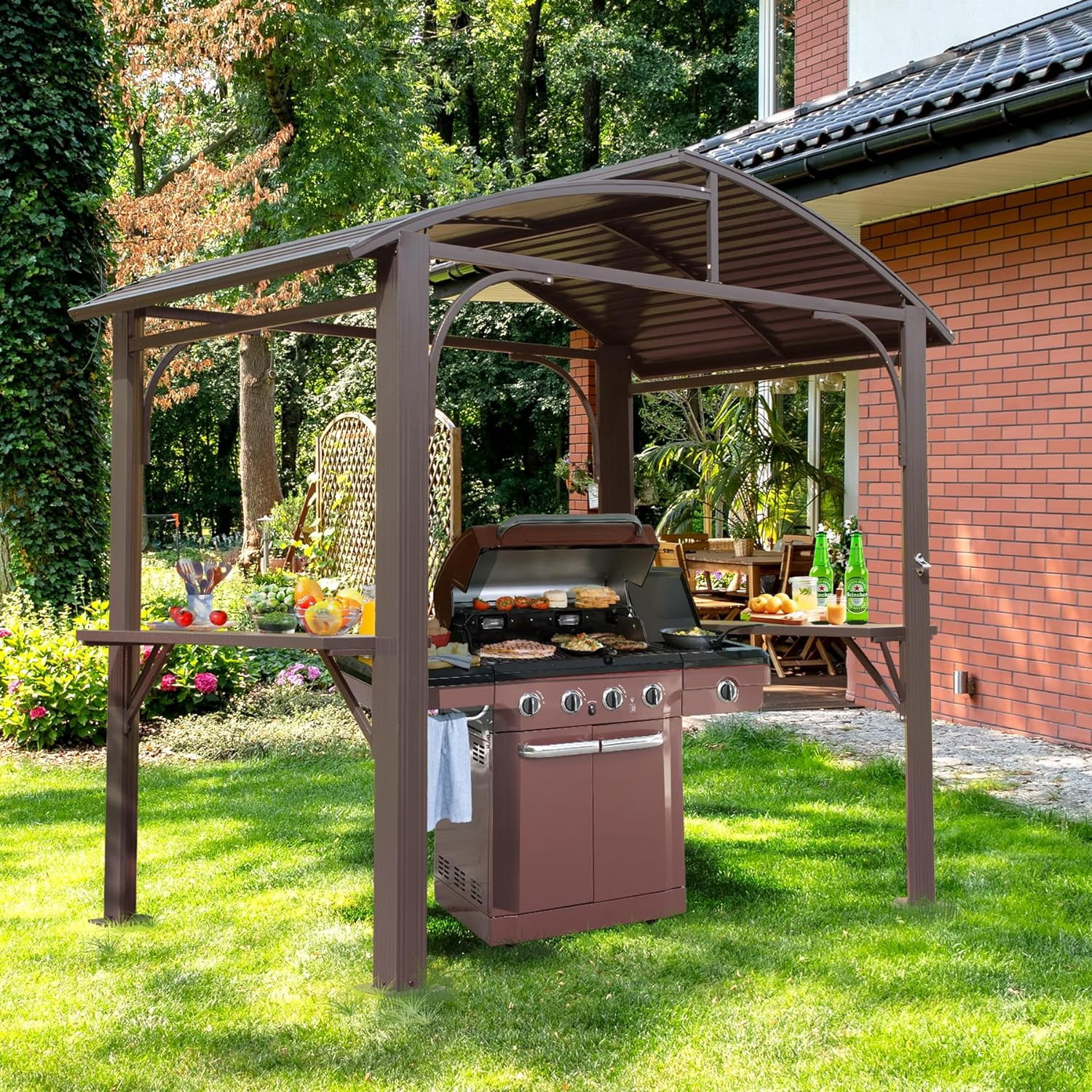 Domi Outdoor Living Hardtop Grill Gazebo 8x5FT, Grill Canopy for Outdoor Grill w/Double Galvanized Steel Roof and 2 Side Shelves, BBQ Gazebo Grill Tent for Patio Garden Backyard, Brown