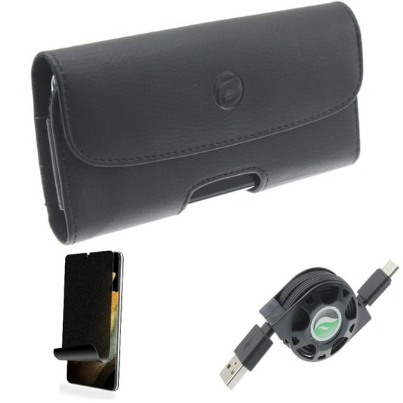 Case Belt Clip & Privacy Screen Protector & USB Cable for Samsung Galaxy S22 Plus (S22 ) - Combo Leather Holster Cover & TPU Film (Fingerprint) Anti-Peep & Retractable Type-C Charger
