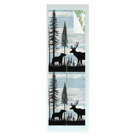 Window Privacy Film Deer Bear Stained Glass Window Film Decorative Sun Block Window Cover Retro Farmhouse Trees Forest Wooden Grain Window Clings Static Adhesive Sticker for Bathroom 29.5"x118"