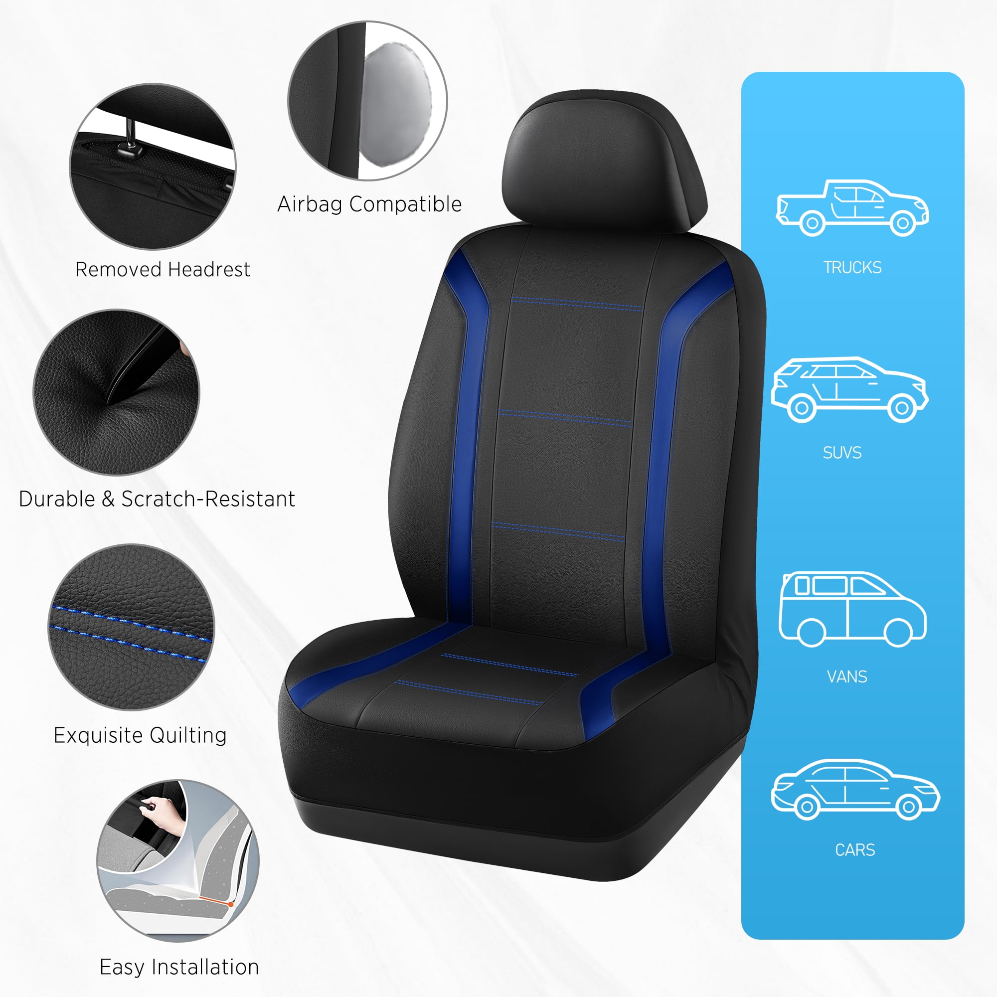 Road Comforts Leather Car Seat Cover,Sports Style Car Seat Cover,Breathable,Non-Slip,Universal Fit,Blue Front Seats