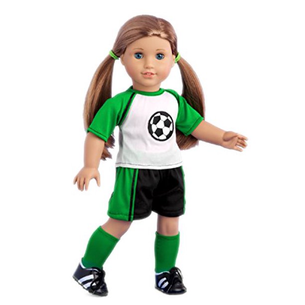 Colecciones DreamWorld - Soccer girl - Traje de fútbol de 4 piezas - Camisa, pantalones cortos, calcetines y zapatos - Ropa para muñecas American girl de 18 pulgadas (muñeca no incluida) DreamWorld Collections DWC-1120