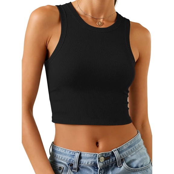 ANRABESS Women Basic Crop Tank Tops Casual Ribbed Knit Workout Tops Sleeveless Shirts Tight High Neck Camisole Women Girls Summer Clothes Black S