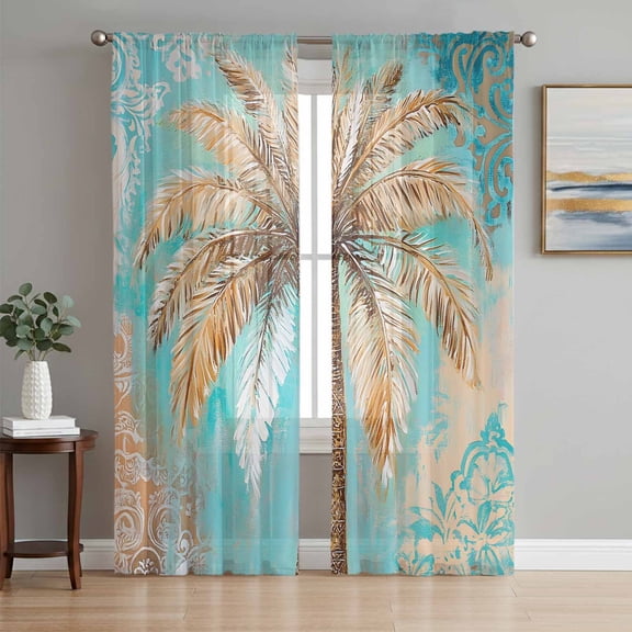Boho Coastal Beach Sheer Curtains 72 Inch Length 2 Panels Set, Tropical Ocean Coconut Flower Plant Voile Window Treatment Rod Pocket Curtains Sheers Drapes for Bedroom/Living Room/Kitchen 52"x72"x2