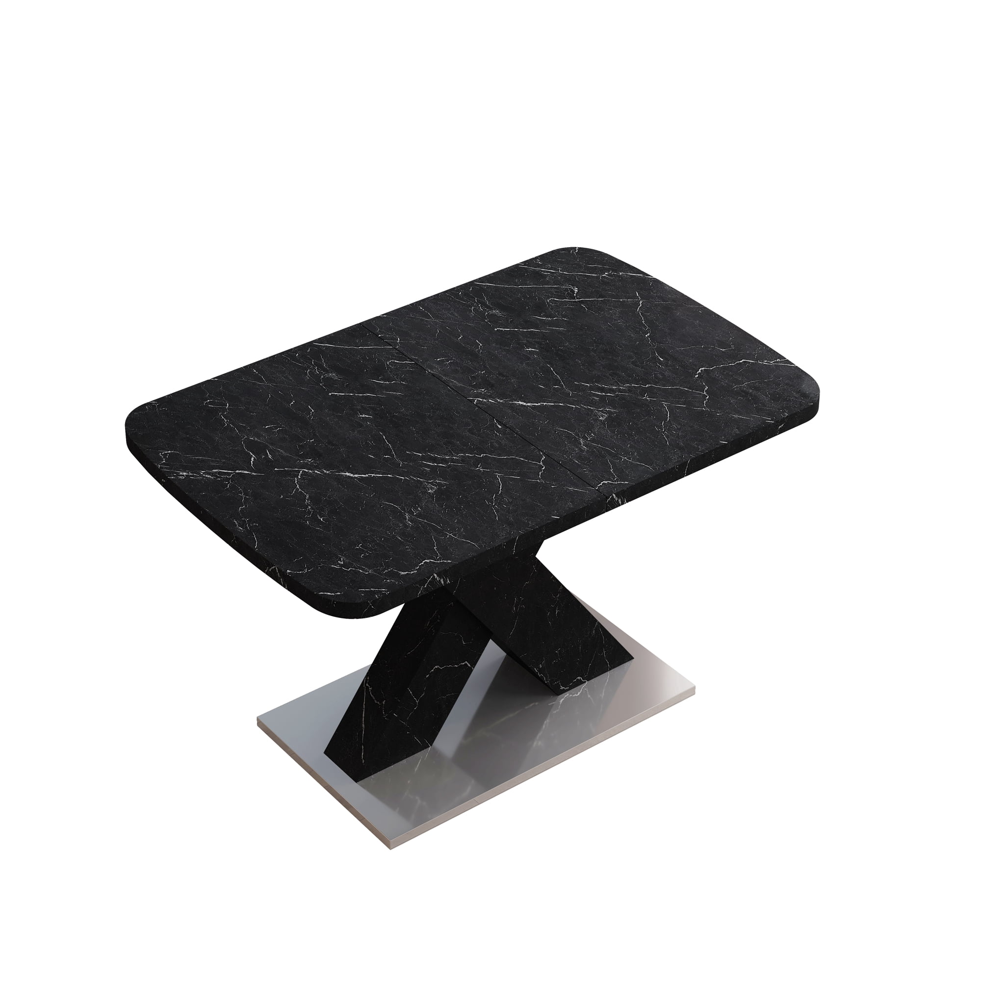 Stretchable Dining Table, Modern Square Dining Table, Black Marble Table Top+MDF X-Shape Table Leg with Metal Base