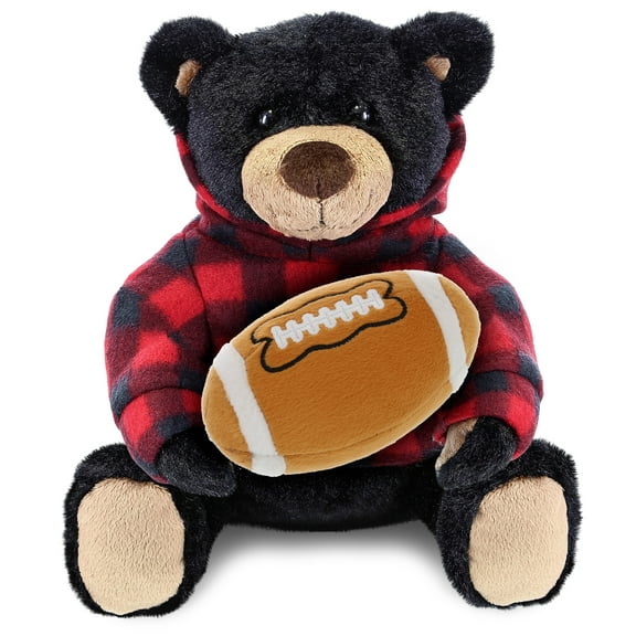 DolliBu Black Bear Stuffed Animal with Football Plush – Super Soft Huggable Bear with Red Plaid Hoodie, Plush Toy Wildlife Gift, Football Plush Animal for Kids and Adults - 10 Inches
