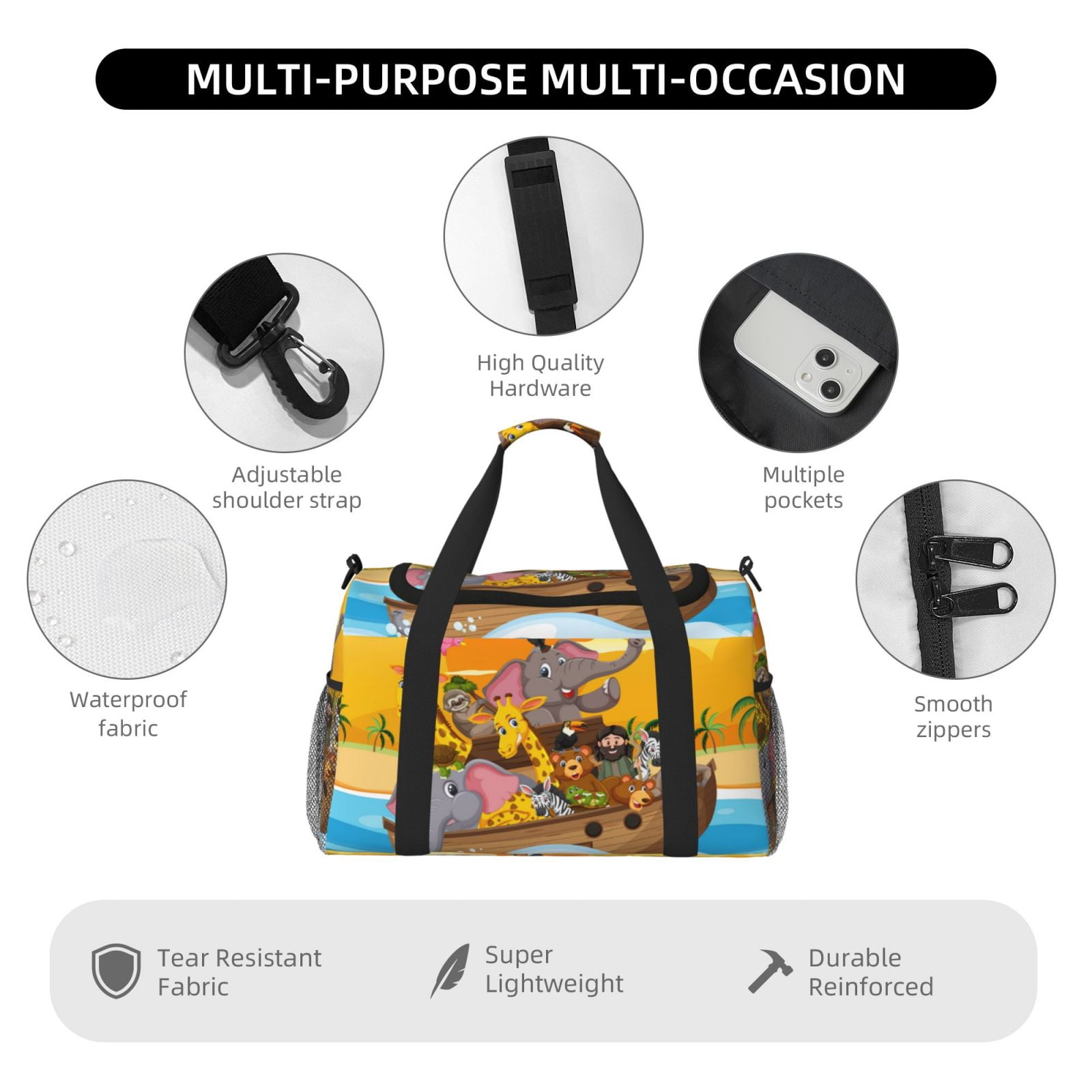 Fuzoiu Animals on Noah's Ark1 Print Travel Duffle Bag,Carry On Tote Bags,Duffel Bag,Sport Gym Bag, Hospital Bag for Labor and Delivery, Overnight Bag,Luggage Bag