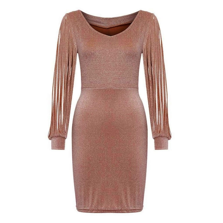 Brown Party Dresses Solid Sequined Stitching Shining Club Sheath Long Sleeved Wedding Guest Dresses for Women