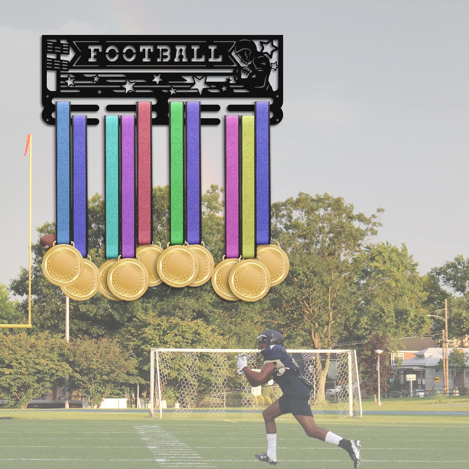 Football Medal Hanger Holder Medal Display Rack Hanger Awards Ribbon Cheer 2 Lines Sport Award Rack Wall Mount Iron Frame for Over 50 Medals Necklace Jewelry 15.75 Inch Black