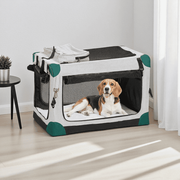 Nomipaw 26 Inch Portable Dog Crate Soft Collapsible,3-Door Travel Pet Crate for Small/Medium Dogs Indoor & Outdoor with Durable Mesh Windows & Storage Bag,Gray