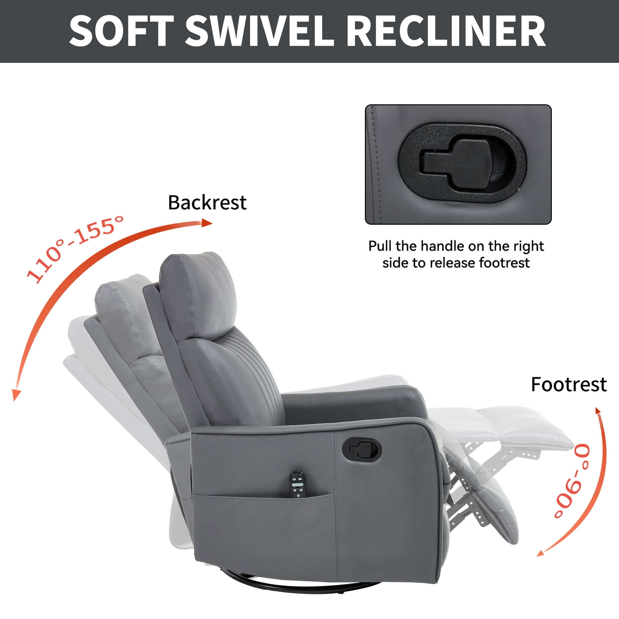 MAYEERTY Faux Leather Swivel Recliner Chair, Manual Rocker Glider Chair with 8-Point Vibration Massage & Lumbar Heat, for Living Room Nursery Home Office