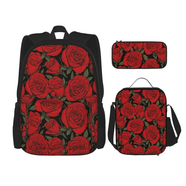 Balery Rose Flowers Mochila Escolar 3 en 1 para Niños - Mochila Resistente con Lonchera Térmica y Estuche - Mochila Escolar para Niños y Niñas