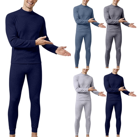 Men's Mock Neck Thermal Underwear Set, Soft Long‑Sleeve Top And Bottom Warm Base Layer 2‑Piece Suit, Stretchy Solid Color Loungewear