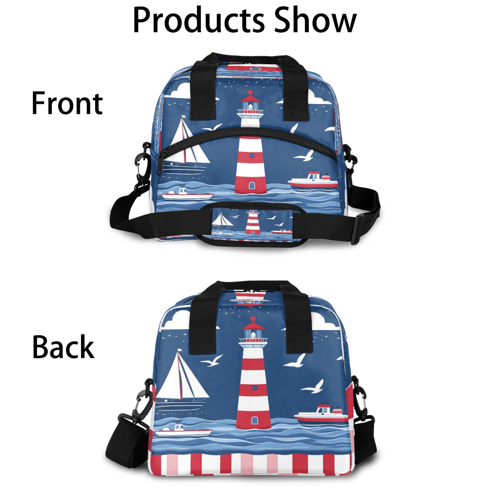 Herdesigns Lighthouse Lunch Bag for Women Men Adult, Ocean Beach Theme Large Insulated Reusable Lunch Box Leakproof Portable Cooler Tote Bags for Work Picnic Beach