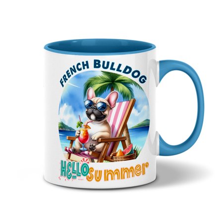 French Bulldog Hello Summer Beach Theme with Sunglasses and Tropical Cocktail 11oz Accent Two-tone Mug Dog Lover Gifts Coffee Tea Cup - 00009