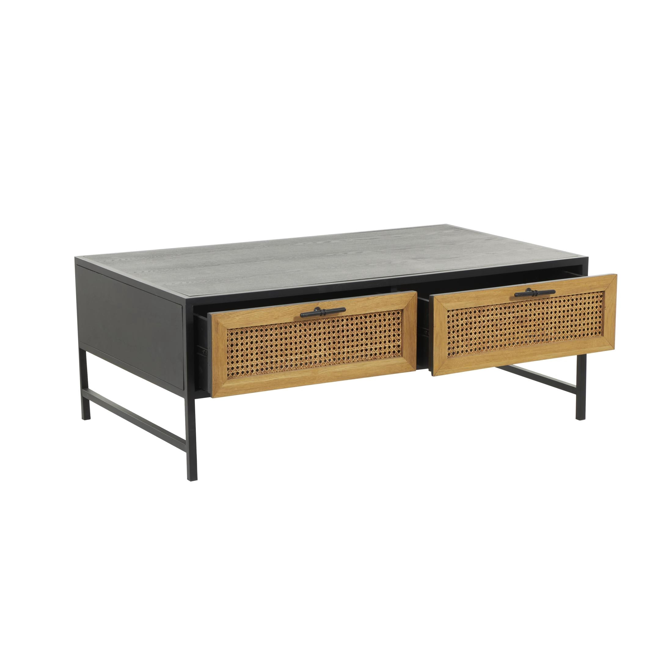 DecMode 47" x 18" Black Wooden Handmade 2 Drawer Coffee Table with Rattan Drawer Fronts, 1-Piece