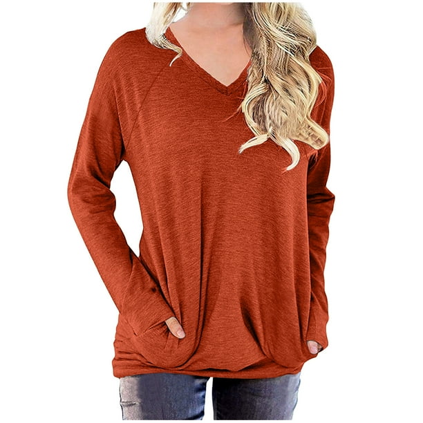ICHUANYI Liquidación Camisetas De Gran Tamaño Camisas para Mujer Sudaderas De Entrenamiento Sólidas Camisa Básica Informal De Manga Larga Tops Clásicos con Cuello En V ICHUANYI WER2023082204470
