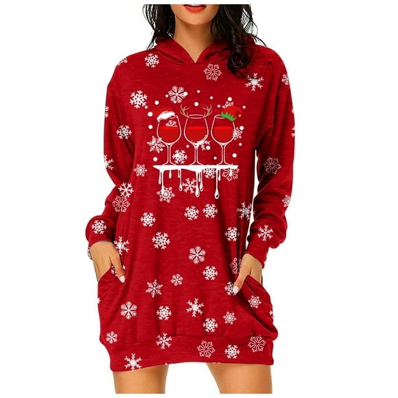 TJAZFJPA Short Sleeve Dresses for Women Women's Christmas Printed Long Sleeved Hooded Sweatshirt with Pocket Hoodie Pullover Dress Hoodie Sleep Dress Short Sleeve Dress