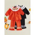 thumbnail image 3 of RUINIXCW Toddler Baby Girl Halloween Outfit Infant Baby Girls Fall Clothes Cute Pumpkin Ghost Embroidery Long Sleeve Babydoll Shirt Tops Ruffled Flare Pants Set, 3 of 9
