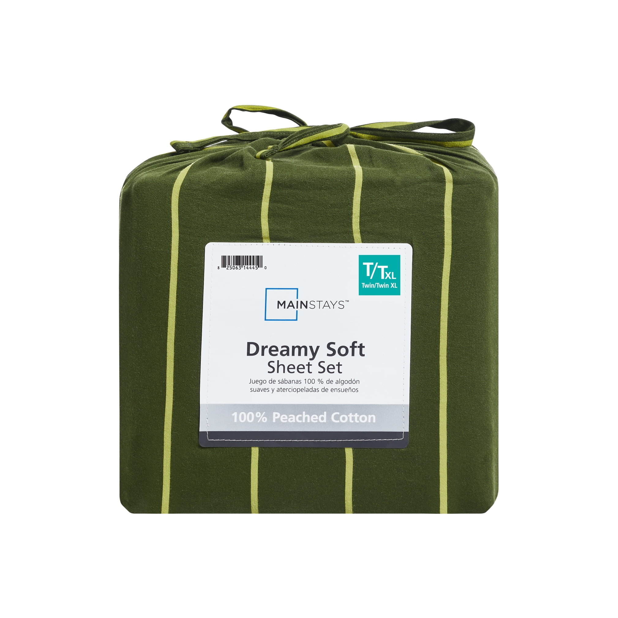 Mainstays Dreamy Soft 4-Piece Bed Sheet Set, Queen, 100% Cotton, 220 Thread Count, Deep Pocket, Green Stripe