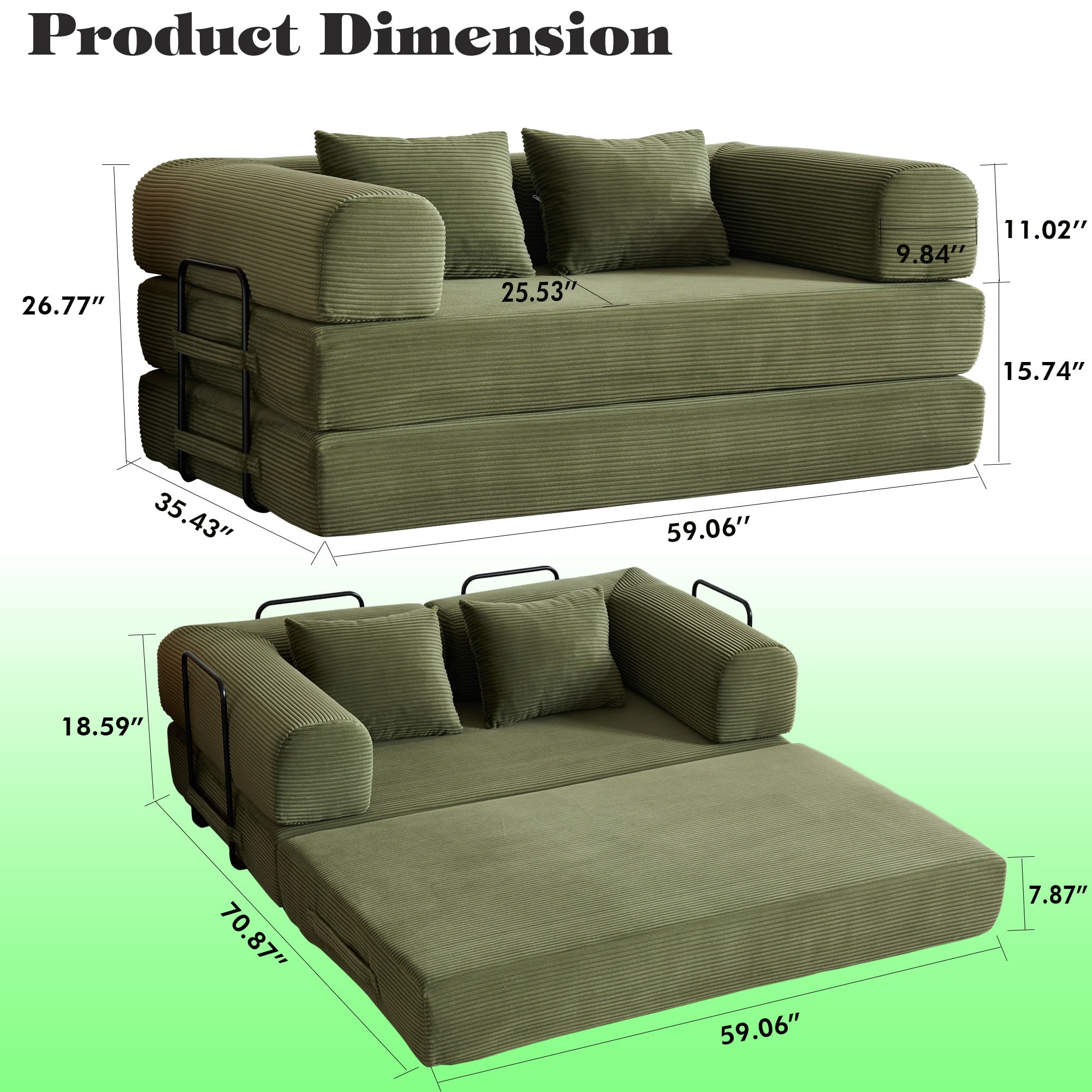 BSHTI 59" Corduroy Convertible Sleeper Sofa Bed with Cylindrical Pillow, No Assembly, Small Space for Living Room（Green）