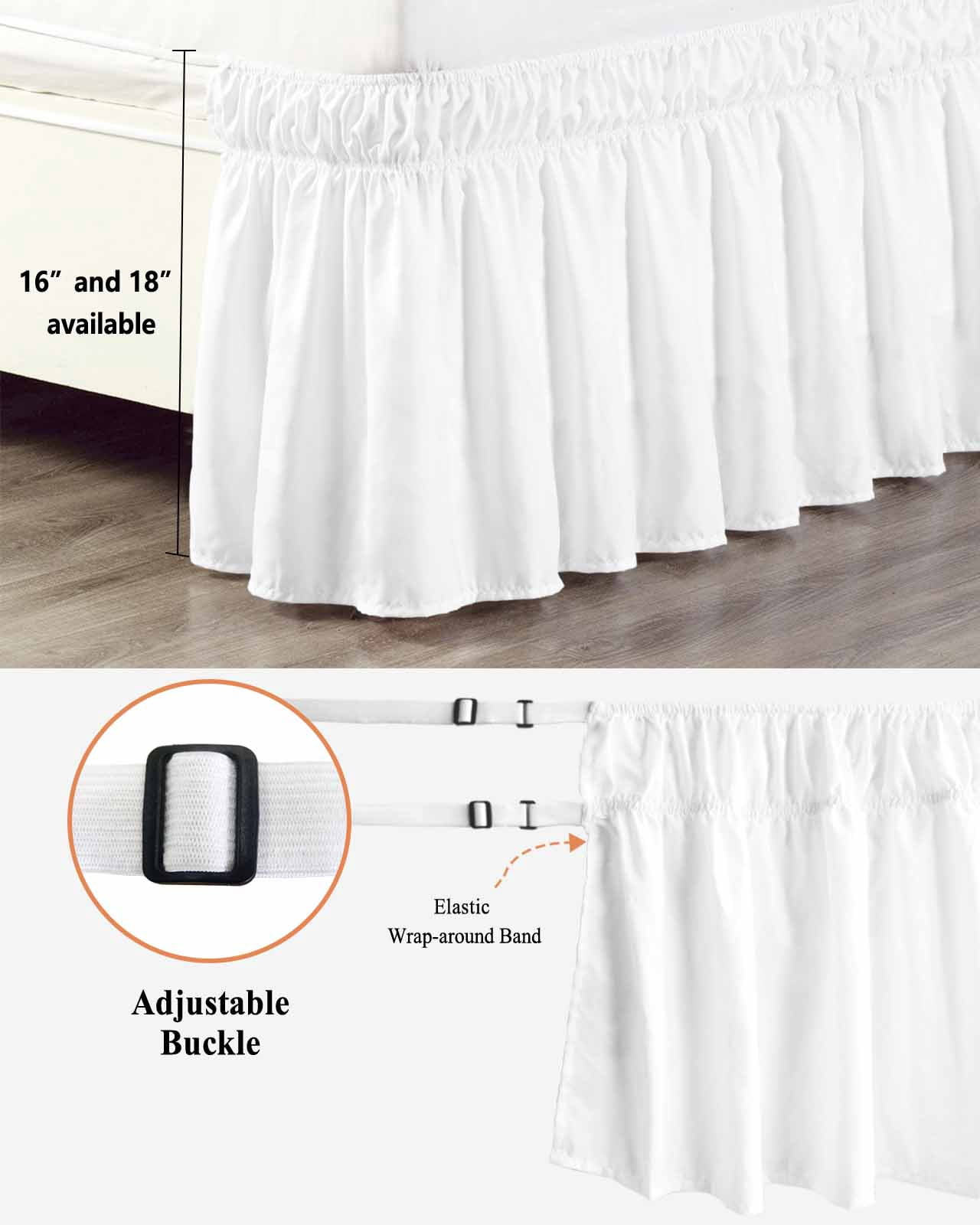 Solid Color Bed Skirt White Bed Skirts California King Size 18 Inch Drop, Wrap Around Dust Ruffle&nbsp;Bedskirt with Adjustable Elastic Belt for Queen Size Beds