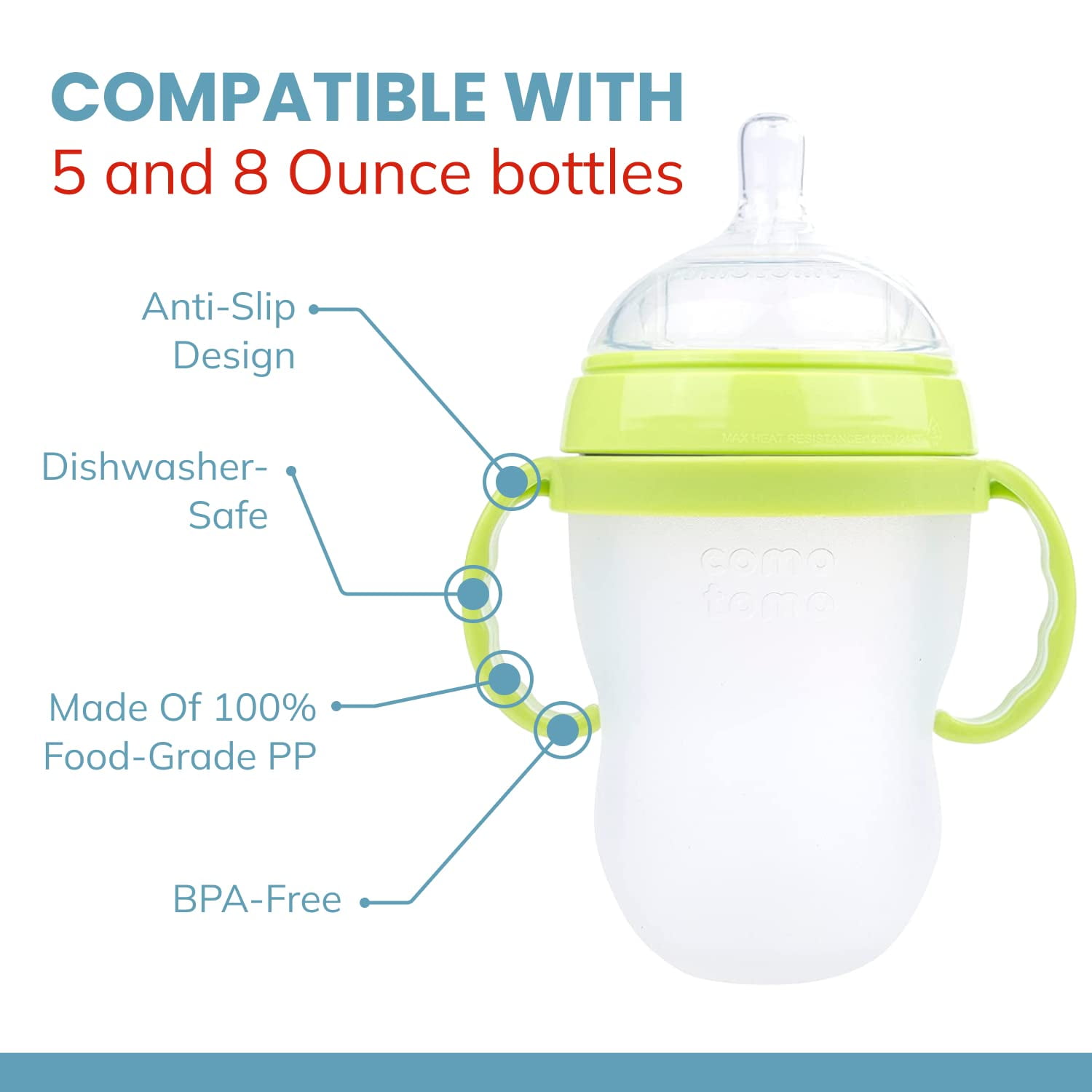 Baby Bottle Handle Grip for Comotomo 5 Ounce and 8 Ounce Silicone Bottles, 3 Pack, Green