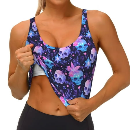 Qokaie Skull starry sky flower leaf Pattern Womens Scoop Neck Sports Bra Breathable Workout Vest Padded U Back Medium Impact Fitness Gym Yoga Bra Workout Crop Top