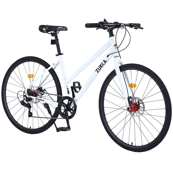 700C Hybrid Bike for Men and Women, 7-Speed Road Bike with Front and Rear Disc Brakes, 18-Inch Carbon Steel Frame City Bicycle, Fits Riders 5'4" to 6'2", White