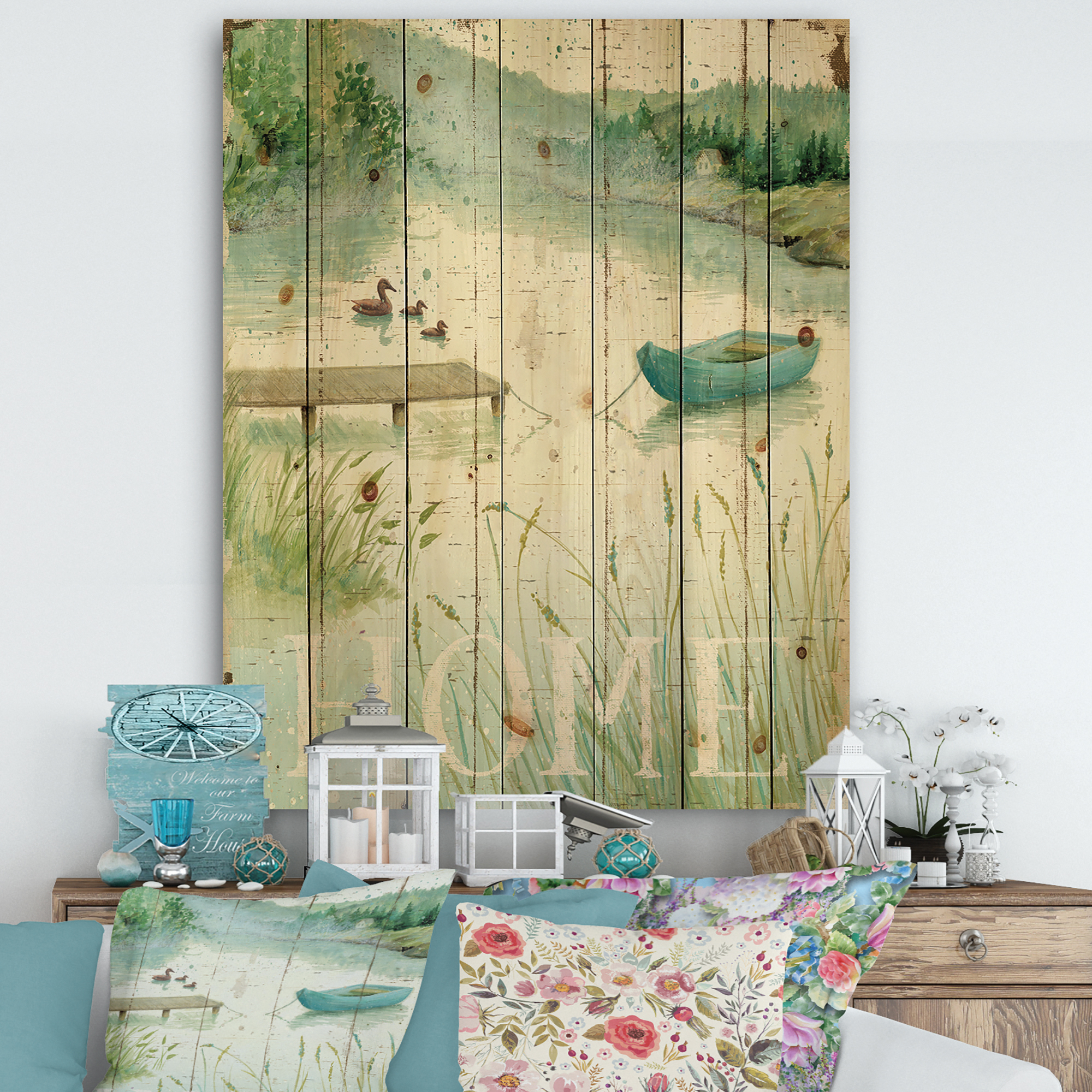 Designart 'Lakeside Boats Welcome Home' Lake House Print on Natural Pine Wood